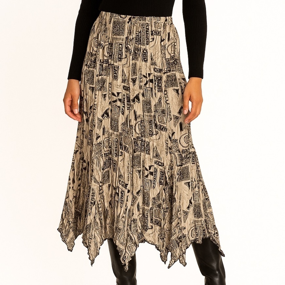 Chicos Broomstick Midi Skirt Abstract Print Handkerchief Hem Crinkle Boho Size 0